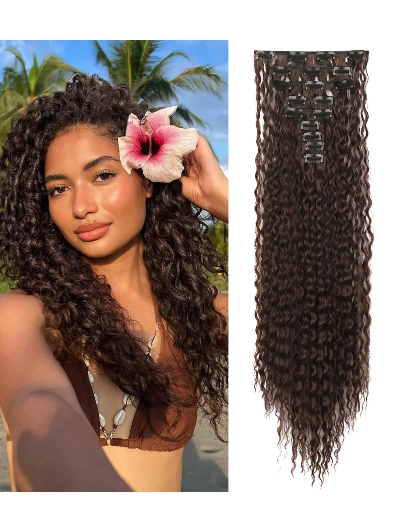 20 inch 9PCS clip on hair extensions, deep wave synthetic fiber extensions, naturally dense, soft and lightweight, heat resistant seamless fusion, instantly experience salon level styling, women's daily party role-playing