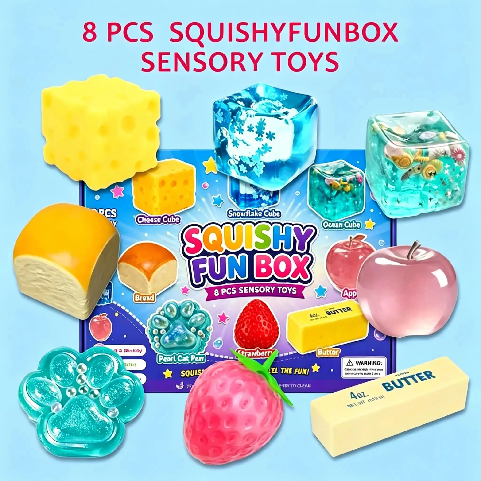 8-Piece Set Box Malt Sugar Stress Relief Fidget Toys, Sensory Bundle, Creative Slow-Return Squishy, Party Gift, 8 Different Styles，Party gifts/Halloween gifts/Christmas gifts