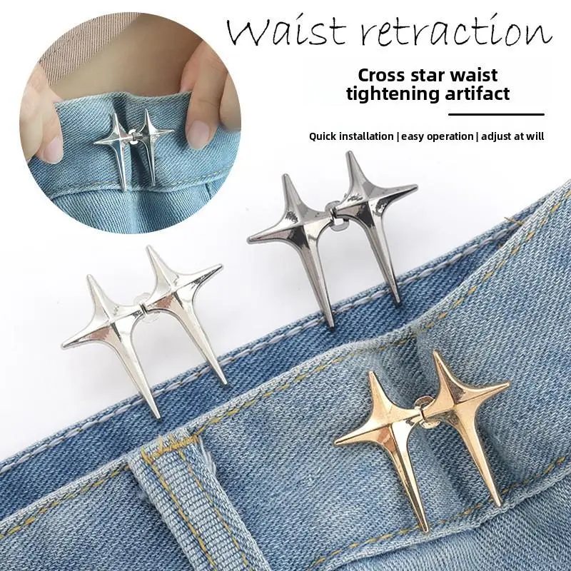 6PCS Cross Star Shaped No Sew Waist Tightener Buttons, Detachable Adjustable Waist Buckle Pair, Reusable No Nail No Sew Waist Resizer Tool, Instant Waist Cinch Clip for Loose Jeans Pants Skirts Dresses