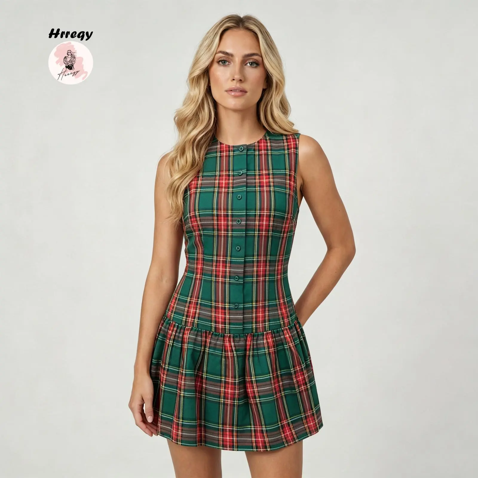 Women Christmas Dress Plaid A Line Button Up Crewneck Sleeveless Mini Dress