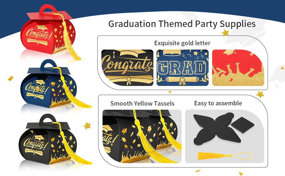 30 Pcs Graduation Cap Gift Box Graduation Party Favors Candy Boxes Treat Box with Tassel Table Centerpieces Class of 2026 Grad Decorations(Black, Gold)