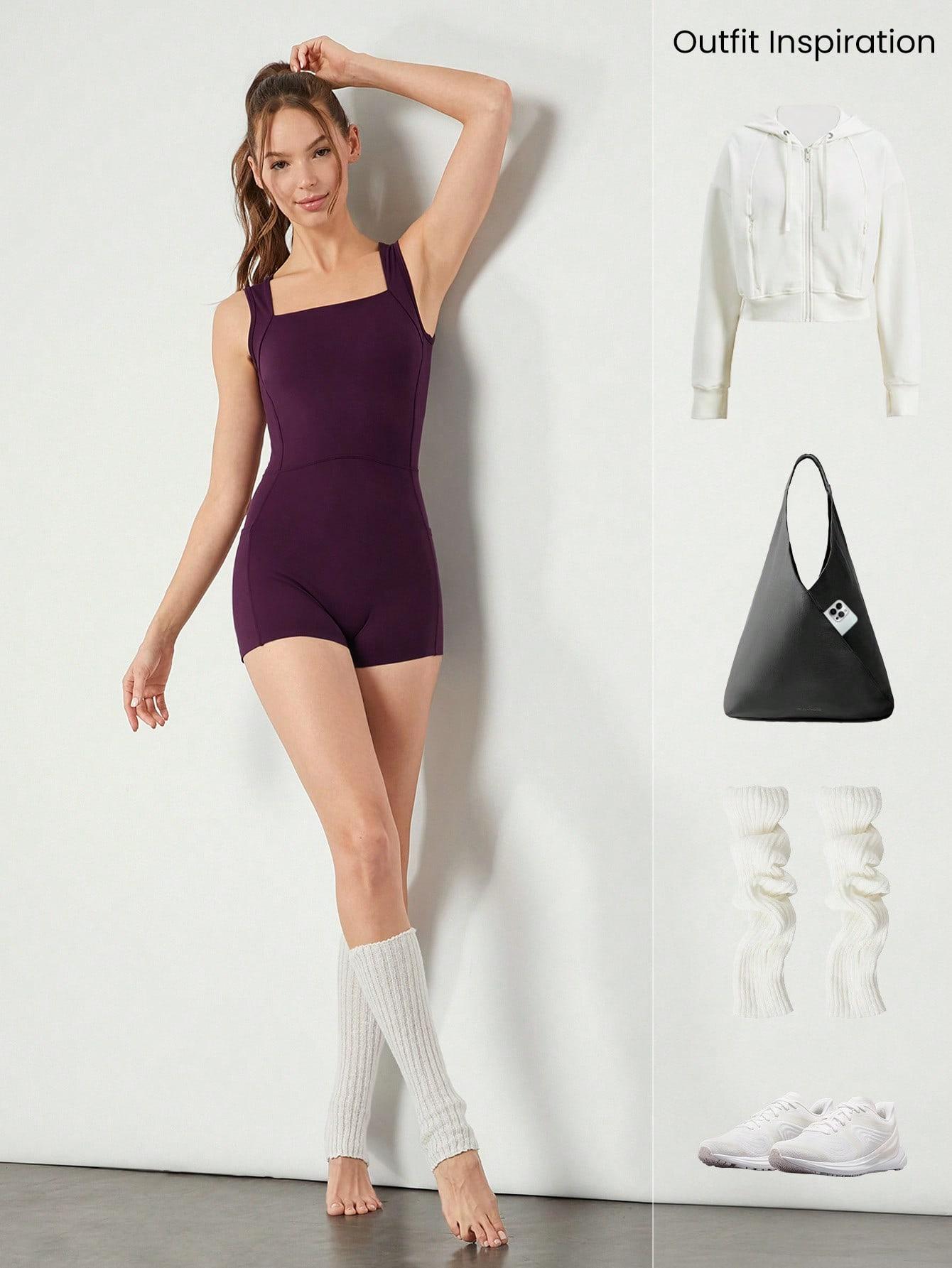 GLOWMODE 2.5'' FeatherFit™-Air Sweat-Wicking Quick-Dry Flow And Go Tummy Control Cutout Back Square Neck Back Athletic Workout Romper Bodyduit With Side Pockets Non-Slip Grips Low Impact Yoga Pilates Studio Daily Casual Wear