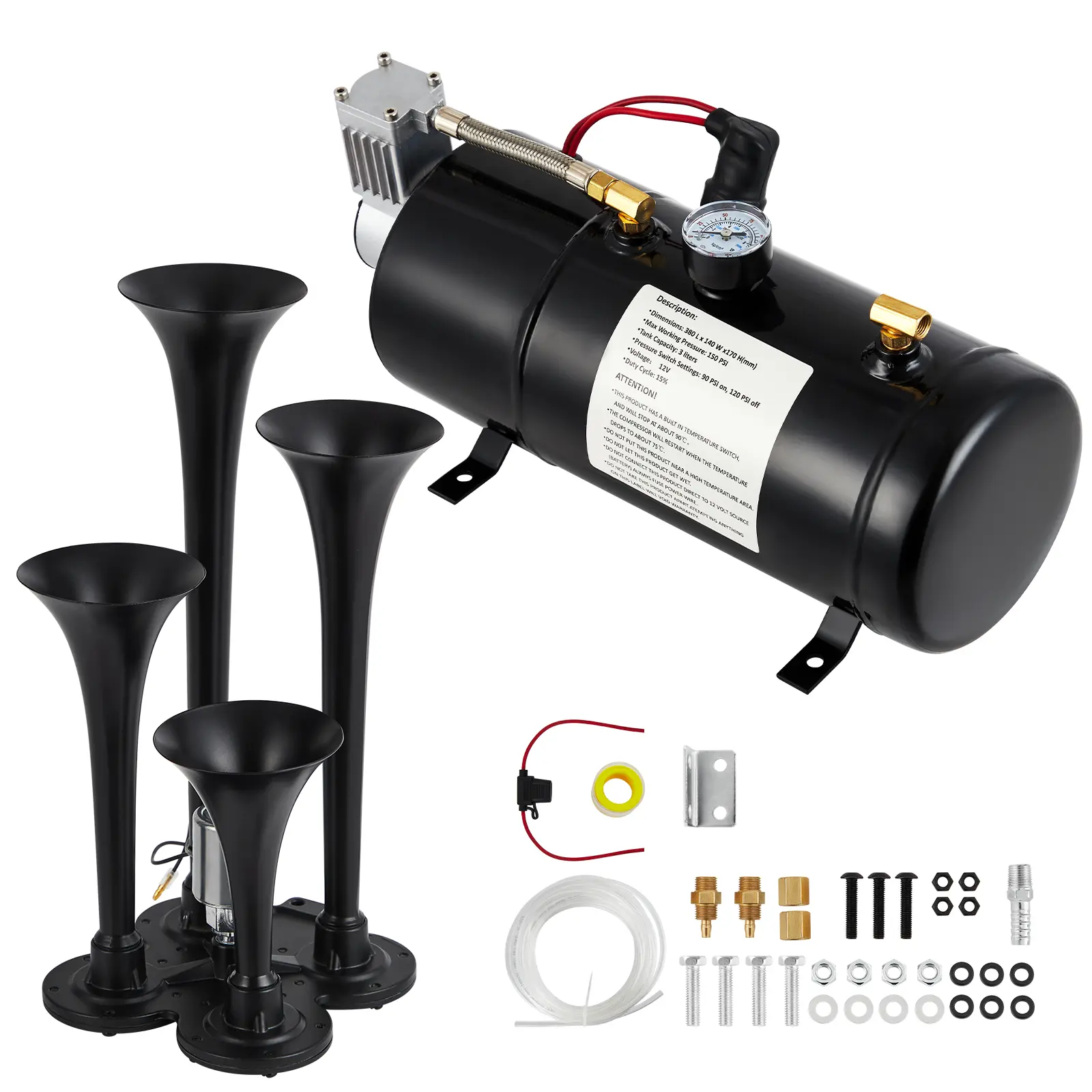 150DB Train Horns Kit – 4 Trumpets Truck Air Horn with 0.8 Gal Tank & 120 PSI Compressor, 12V Super Loud for Pickup, SUV, RV, Jeep, Boat – Summer Road Trip