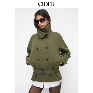 Cider Multi-way Cotton Stand Collar Double Breasted Oversized Windbreaker With Belt SummerFinds