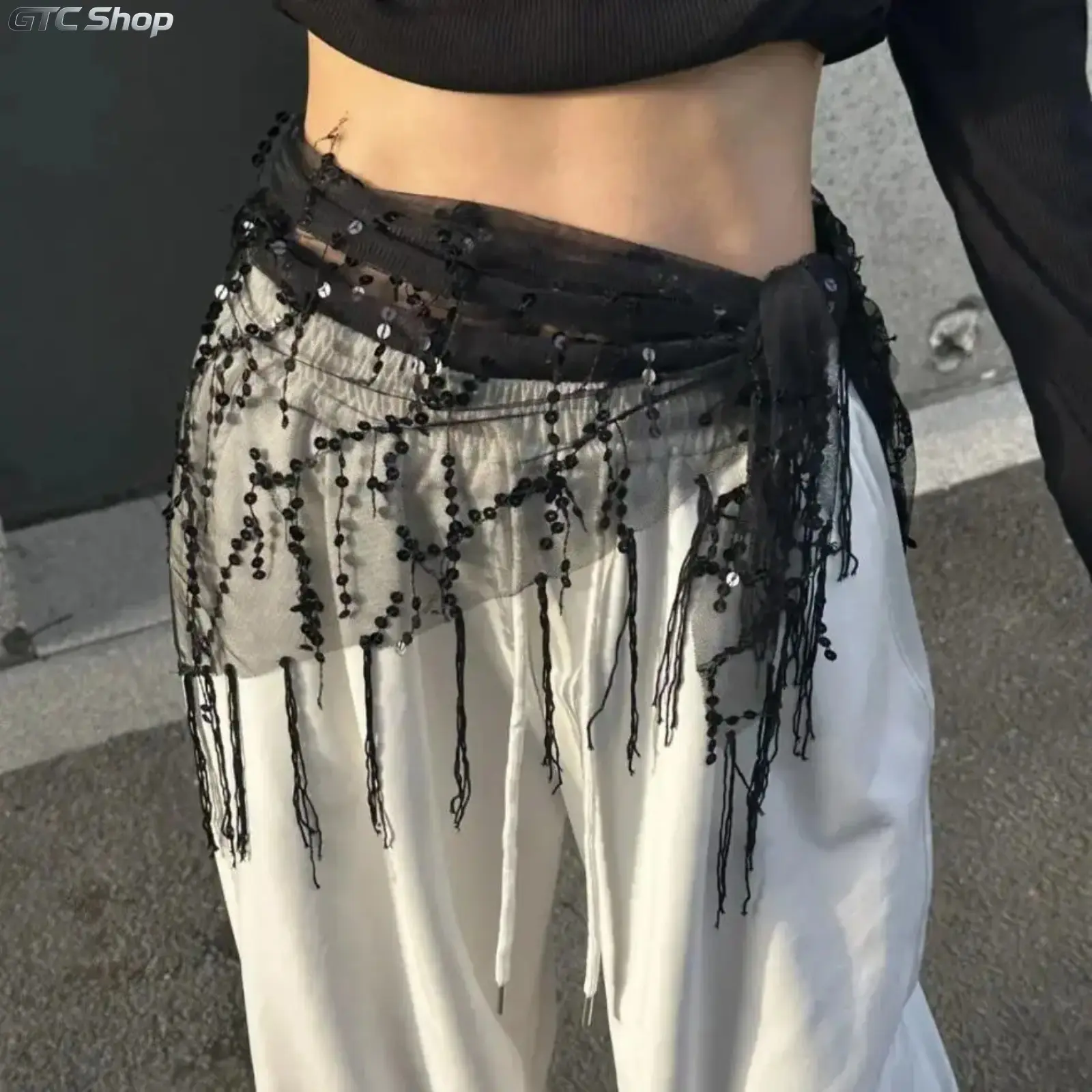 Women's Sequin Fringe Wrap Waist Scarf Belt, Boho Decorative Sash Bag Accessory, Sparkly Costume Waistband for Belly Dance Performances, Stage Shows & Festival Outfit Styling