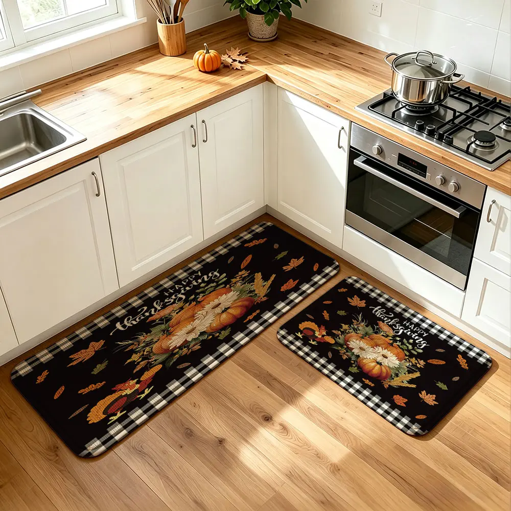 2-piece HAPPY THANKSGIVING pumpkin and turkey pattern kitchen floor mat, rectangular floor mat, waterproof, oil-resistant