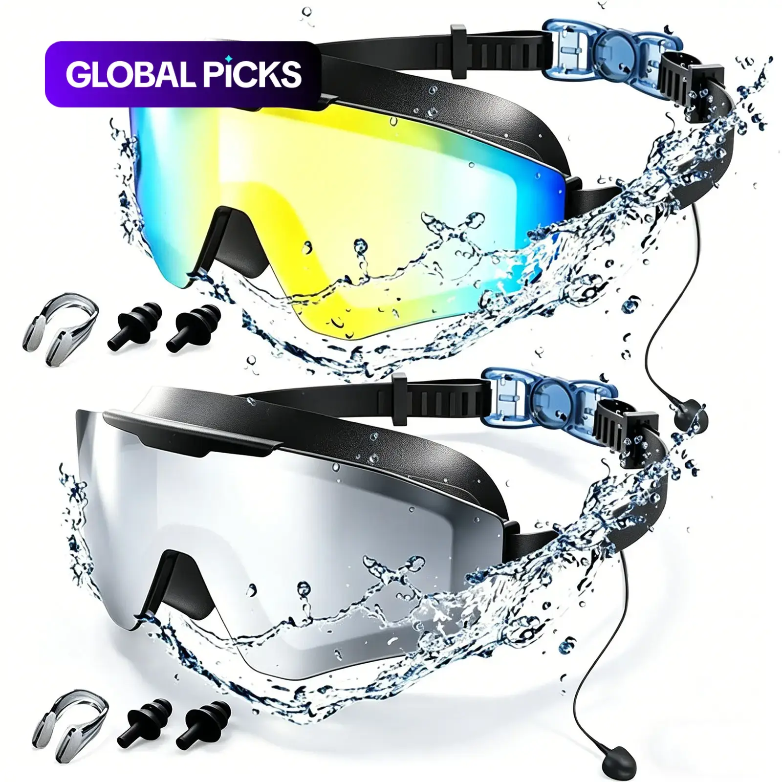 Swim Goggles with Earplugs, Water Goggles, Wide View Anti UV Fog Swimming Goggles, 3-Color UV Lens Swim Glasses for Men Women, No Leak Pool Beach Essentials for Men Women #GLOBAL PICKS