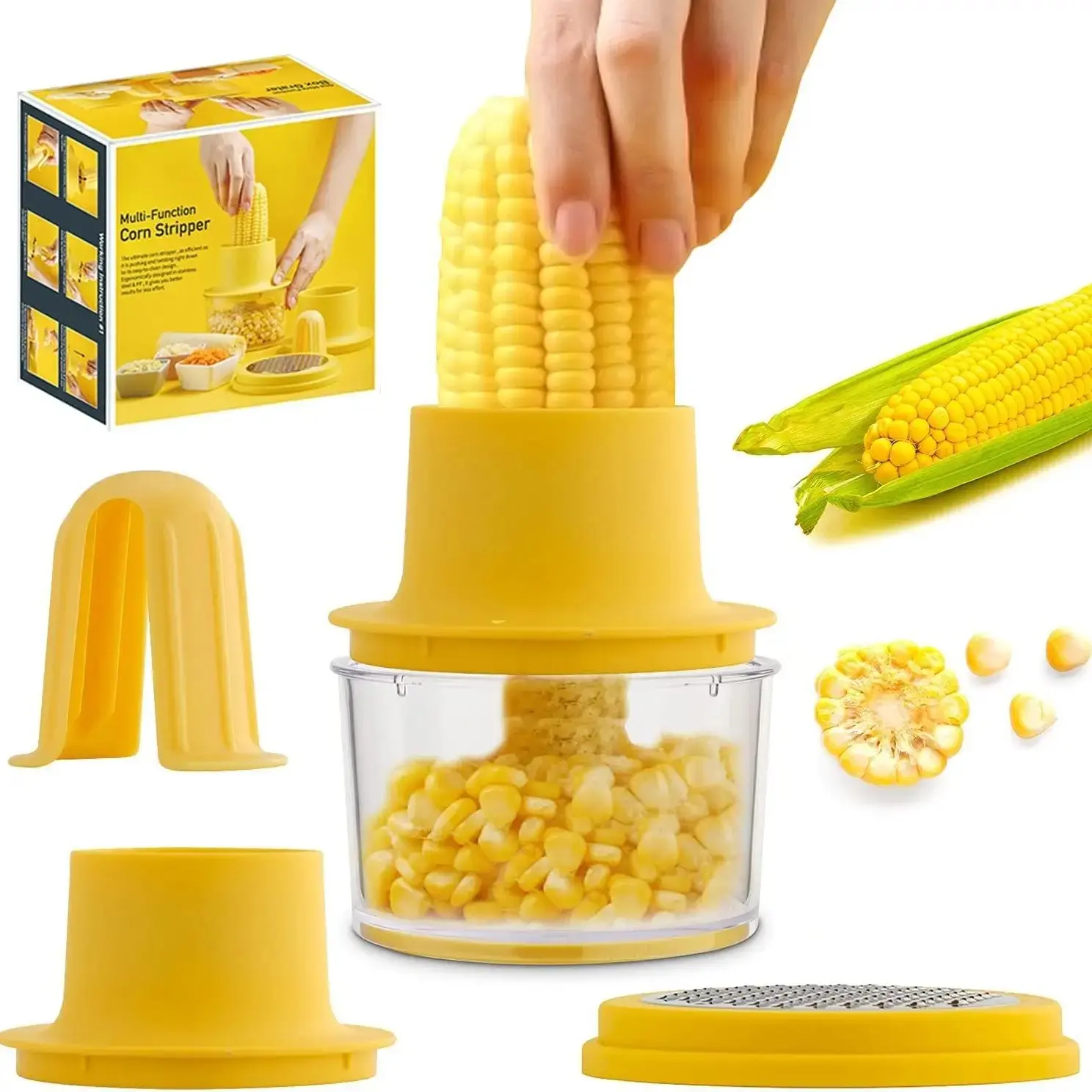 Corn Kernel Remover Set｜Corn Peeler and Kernel Cutter with Bowl and Grinder, Non-Slip Safe Handle Kitchen Gadget