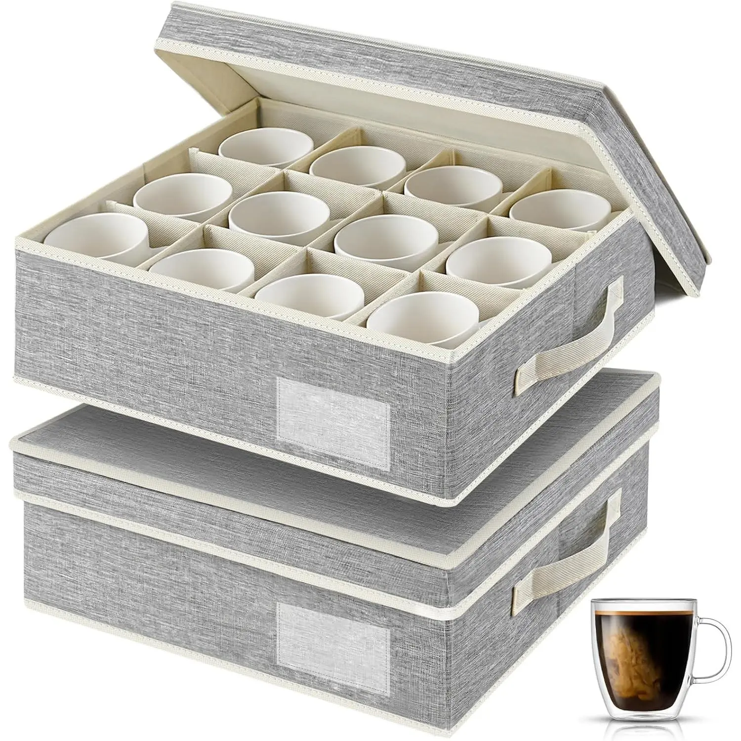 2 Pack Mug Storage Box with Dividers, Grey Cup Organizer for Tea Cups, Coffee Mugs, Glass Cups, Stackable Storage Case with Hard Shell Dividers, Each Holds 12 Cups