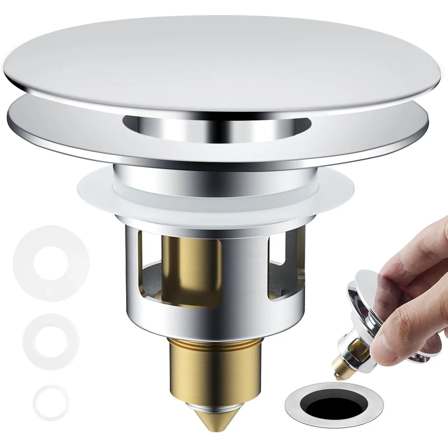 Bathroom Sink Drain Stopper Strainer, Big Cover, Chrome | 2 in 1 Pop Up Sink Stopper for 1.1''~2.36'' Sink Basin Hole, Hair Catcher with Removable Stainless Steel Filter Basket