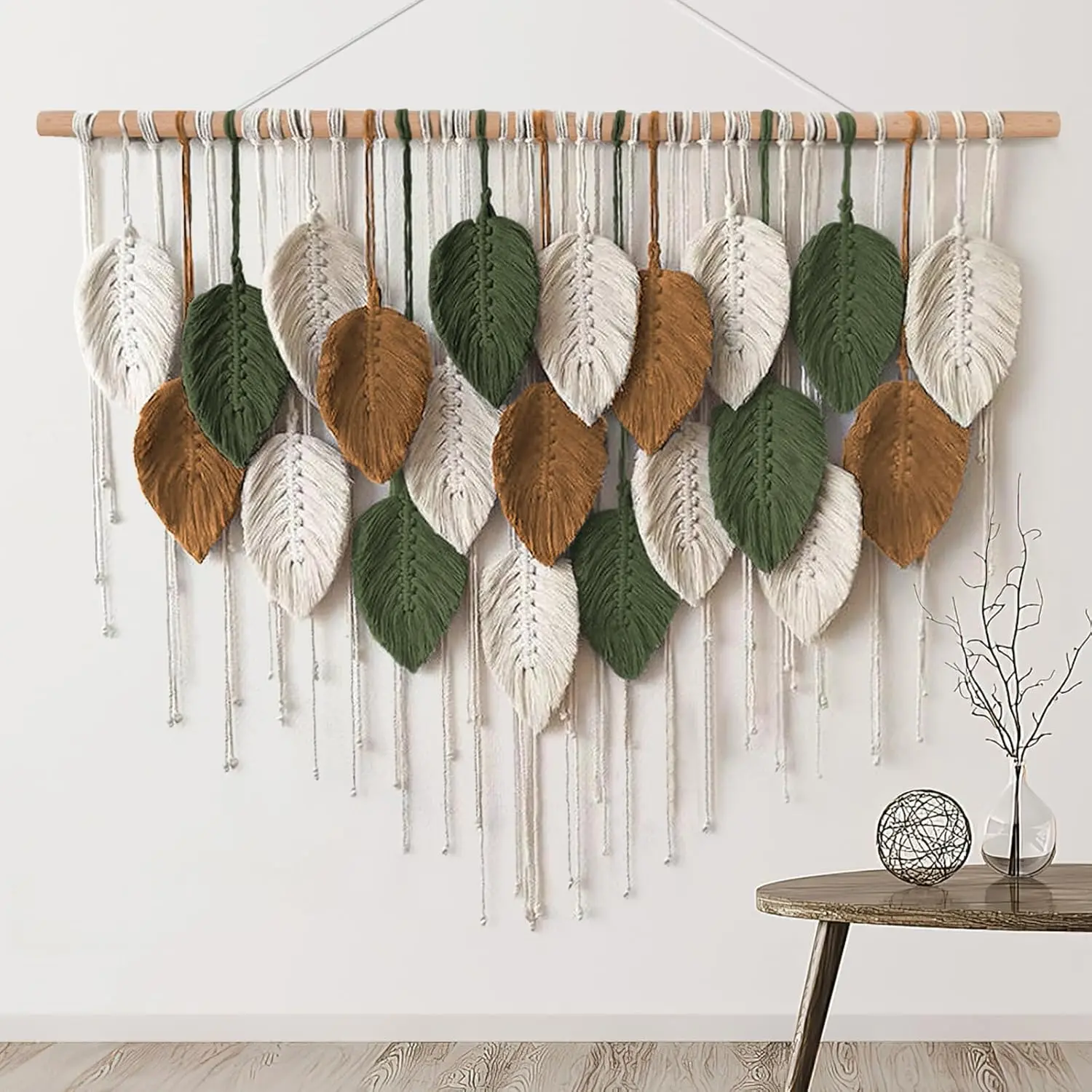Macrame Wall Hanging Boho Woven Tapestry Handmade Leaf Feather, Wall Art Decor for Apartment Dorm Living Room Bedroom Nursery, Chic Modern Bohemian Handwoven Fiber Room Inspo & Decor Ideas, 39x29.5" One-Piece