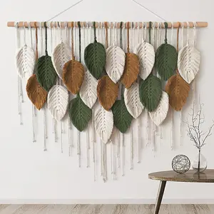 Large Macrame Wall Hanging Boho Woven Tapestry, Chic Home Decor Modern Bohemian Handmade Leaf Feather Wall Art Decorations for Apartment Dorm Living Room Bedroom Nursery Backdrop 39"W X 29.5"L