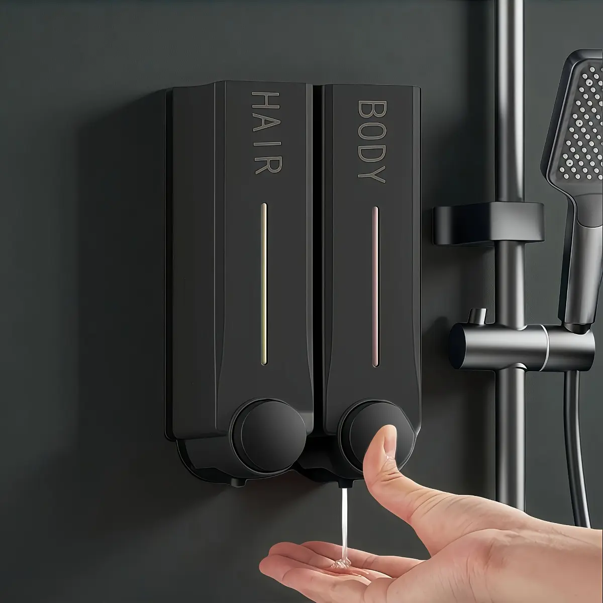 Matte Black Wall Mounted Liquid Soap Dispenser Set of 2 - Drill-Free Manual Push Shower Pump - Ideal ABS Dispenser with Replaceable Chamber for Shampoo, Body Wash and Lotion - Sleek Modern Bathroom Hardware Accent