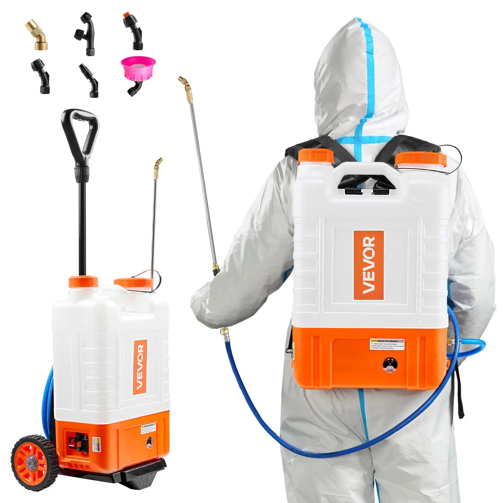 【DealsForYouDays】VEVOR Battery Powered Backpack Sprayer with Cart, 0-94 PSI Adjustable Pressure, 4 Gallon Tank on Wheels, with 8 Nozzles and 2 Wands, 12V 7.2Ah Battery, Wide Mouth Lid for Weeding, Spraying, Cleaning