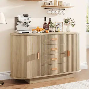 Fluted Sideboard Buffet Cabinet,Buffet Table with 4 Drawers and 2 Arched Sliding Doors, Coffee Bar Storage Console Cabinet, Accent Table