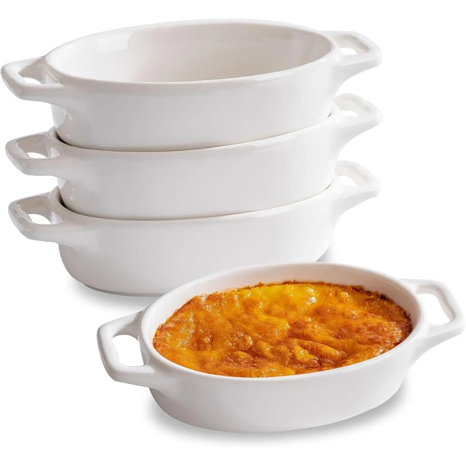 4 Pack 4 oz White Oval Porcelain Creme Brulee Ramekins, Oven Safe Mini Souffle Dishes with Double Handles