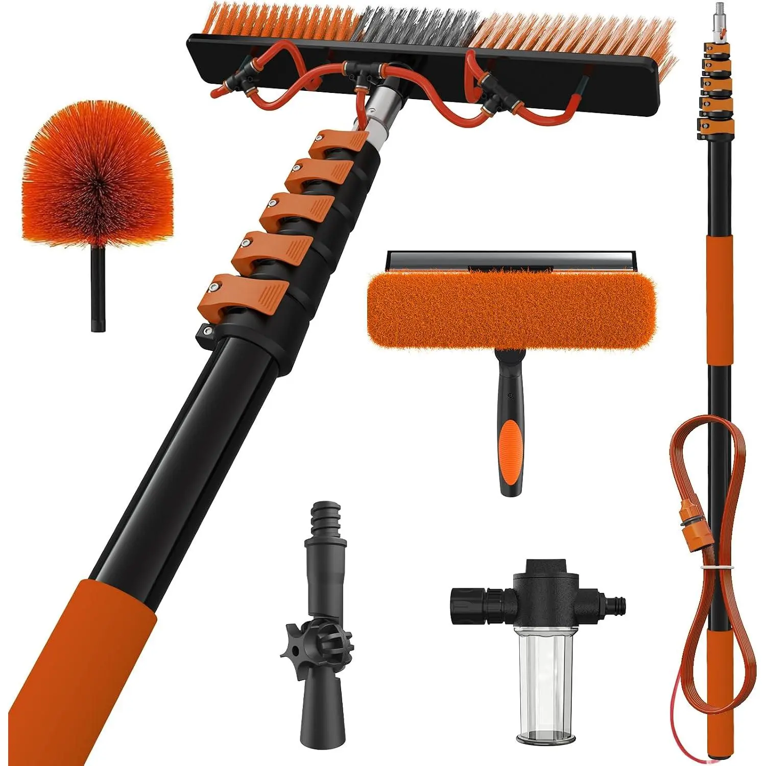 30Ft  Solar Panel Cleaning Brush Kit with 5-24ft Telescoping Pole, Water Fed Window Cleaner Tool with 20" Brush, Soap Dispenser, Cobweb Duster,  for Roof, RV, Gutter, Boat, Deck