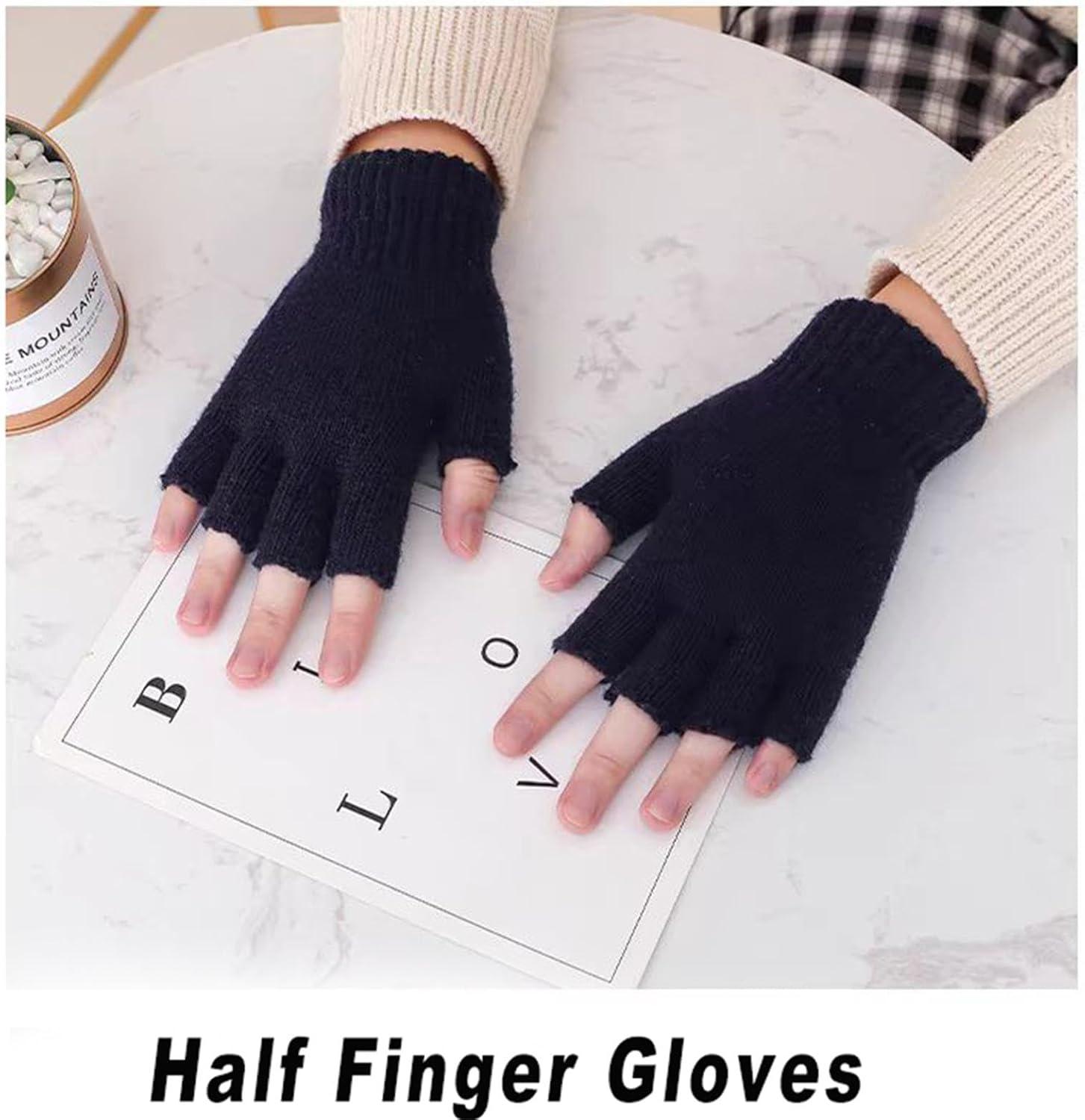 3-Pair Winter Fingerless Gloves for Women, Men & Teens, Black Knit Half Finger Touchscreen Gloves, Warm Stretchy for Writing, Working & Driving