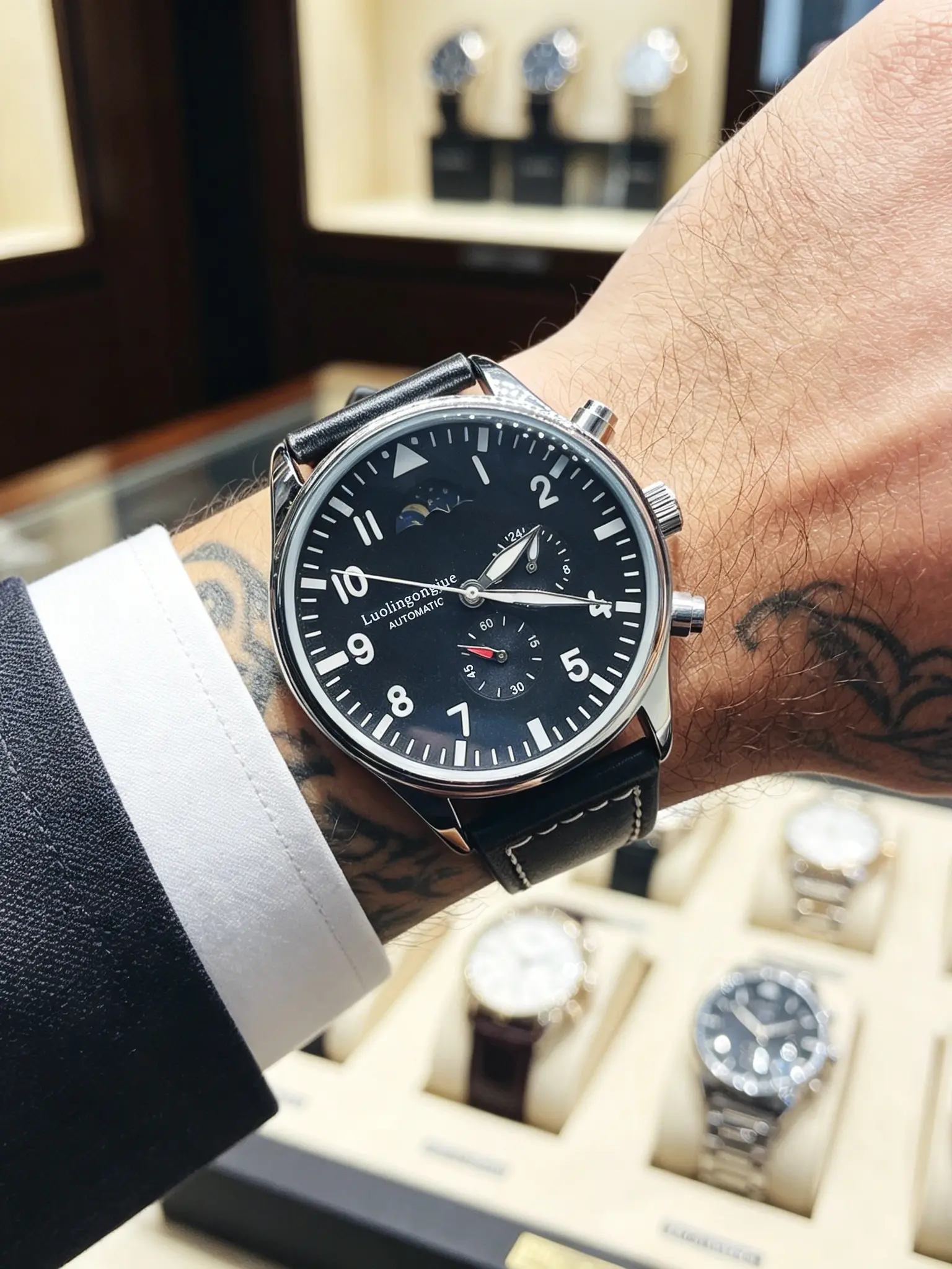Travel Style Pilot Men's Mechanical Watch, Luminous Moon Phase, Durable Leather Strap, Waterproof, Fashionable Analog Watch