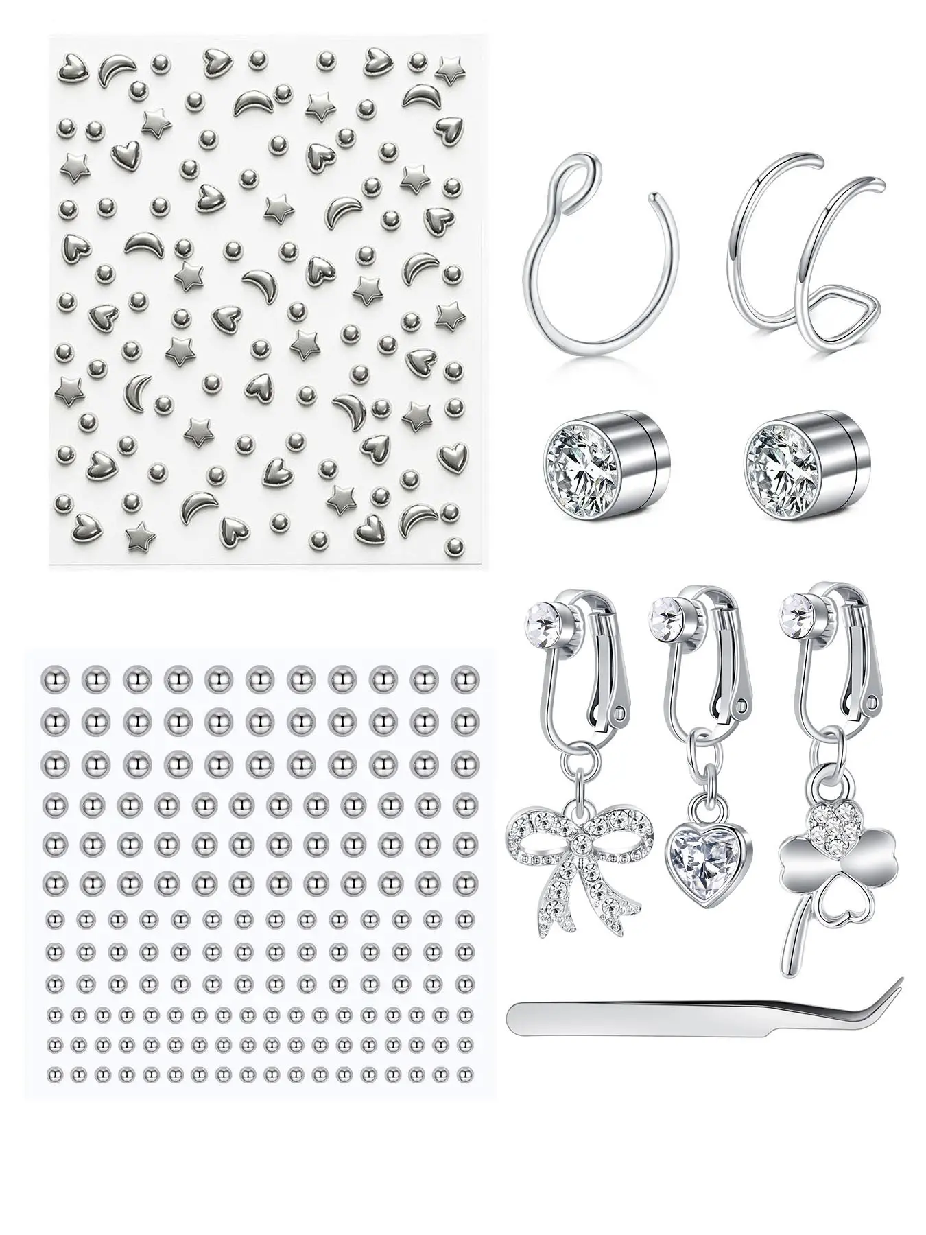 Fashionable Fake Piercing Jewelry for Women, Y2K Artificial Zircon Belly Ring Set, Nose Piercing Kit, Fake Body Jewelry, Body Jewellery, Magnetic Nose Stud, Faux Nose Ring, Fake Belly Button Ring, Stick on Jewelry