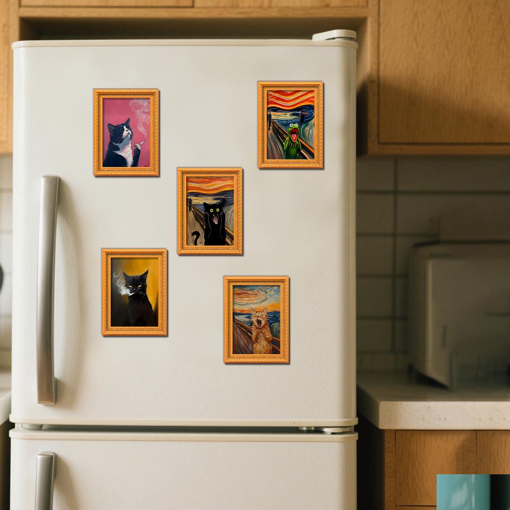 Cross-Border New Black Cat Series Oil Painting Style Screaming Kitten Photo Frame Wooden Retro Magnetic Fridge Magnet