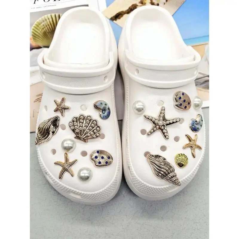 18PCS Ocean Cute Charm Set with Seashell, Starfish & Pearl Rhinestones, DIY Shoe Decor for Clogs & Sandals, Waterproof Party Gift Accessories (Shoes Not Included)
