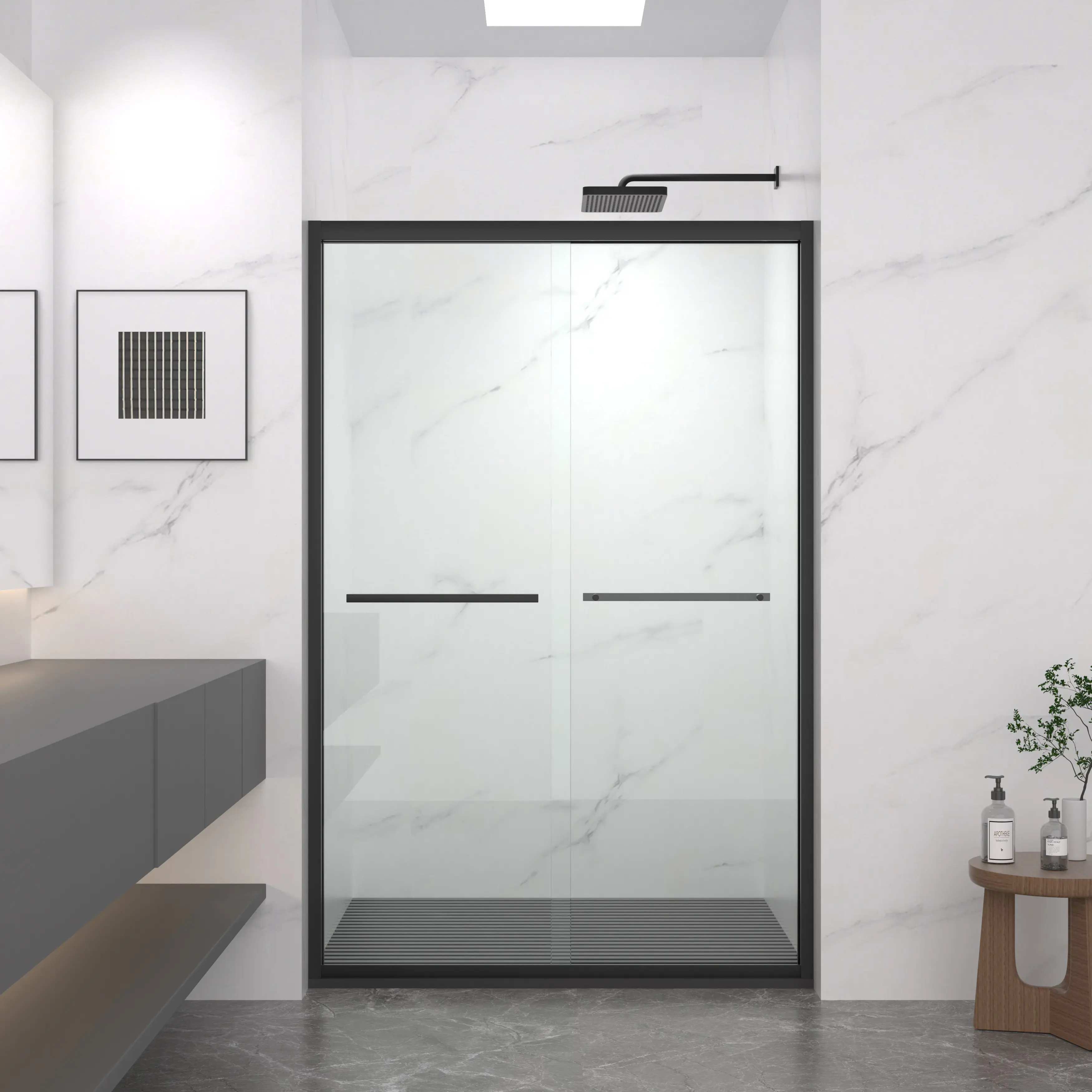 44-48"W x 72"H Aluminum Double Sliding Shower Door, 5/16"(8mm) Clear Tempered Glass, Matte Black