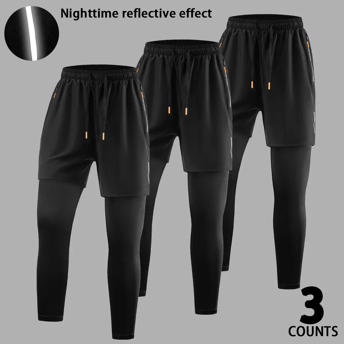 Men's 3-2 Pack 2-in-1 Reflective Athletic Cut Runner Pants, Quick Dry Compression Leggings with Zipper Pockets, Track Pants