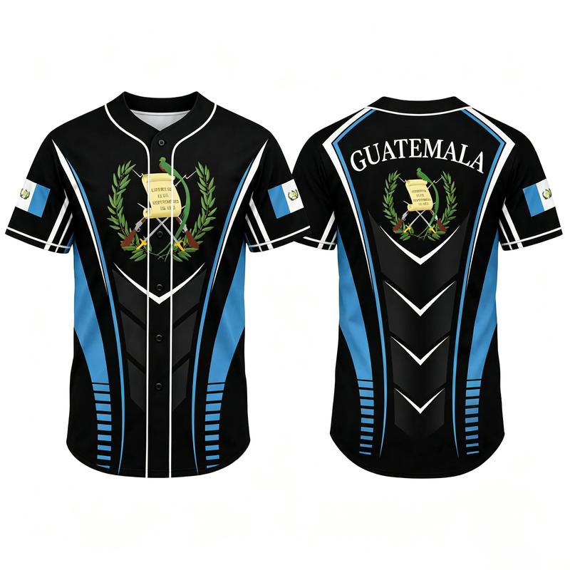Unisex Guatemala Flag Print Sports Jersey Baseball - Black-Blue Short Sleeve Tops, Professional Sports Clothing, Team Wear, Breathable Fabric, Elastic Unisex Fit, Gentle Wash, Multi-Size