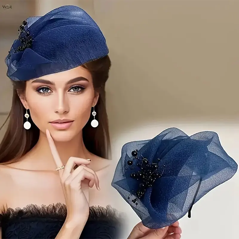 Vintage Organza Mesh Fascinator Headband - 12*14cm Hoop Shape Hair Accessory, Beaded Pearl Embellished Sheer Tulle, 4 Colors, Elegant for Tea Party Wedding Formal Wear