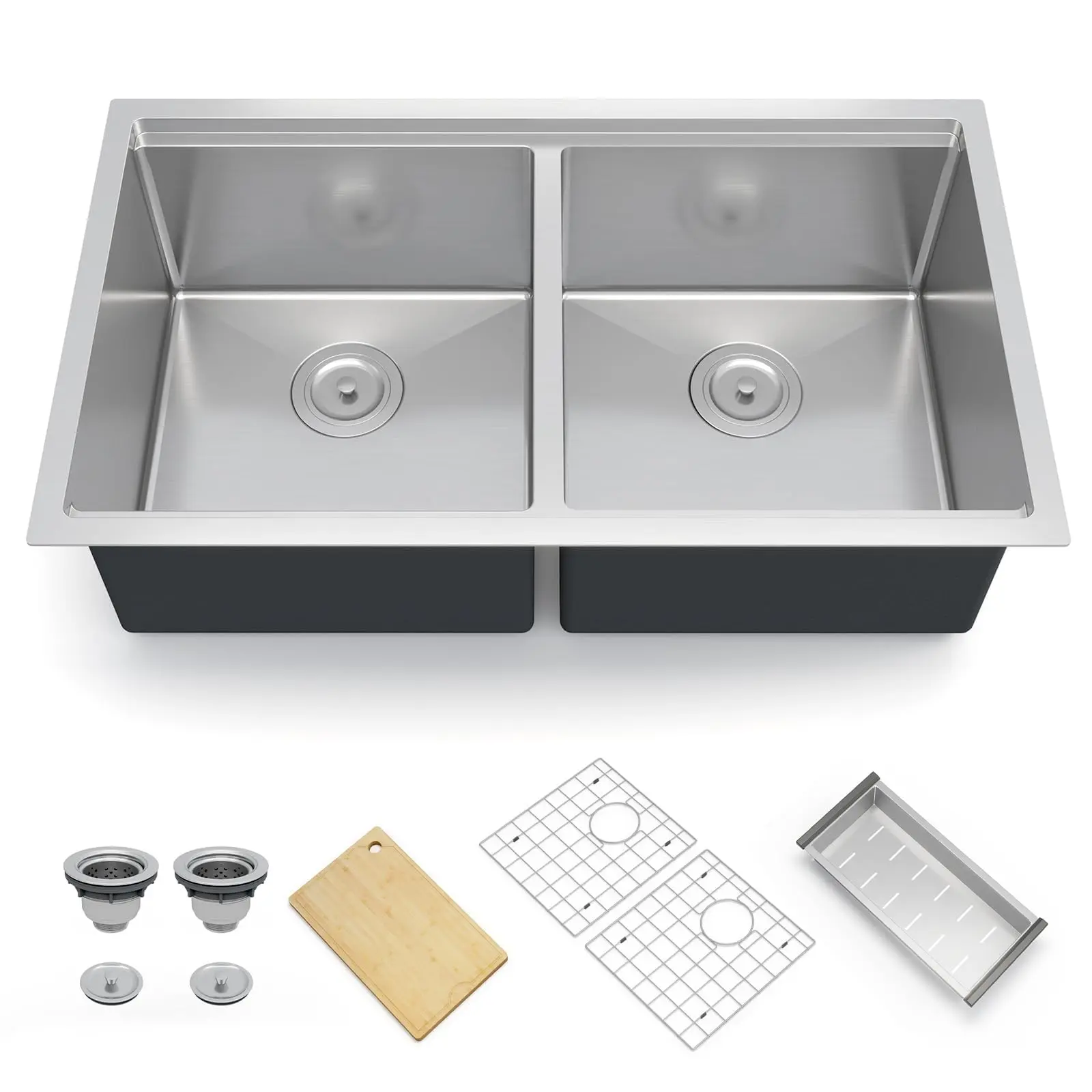Garvee 36x19 Inch Double Bowl Kitchen Sink - 16 Gauge 304 Stainless Steel, Undermount or Drop-in, Deep Basin with Drainboard, Heavy Duty, Sound Dampening, Bottom Grids & Drain, Accessories - double SS