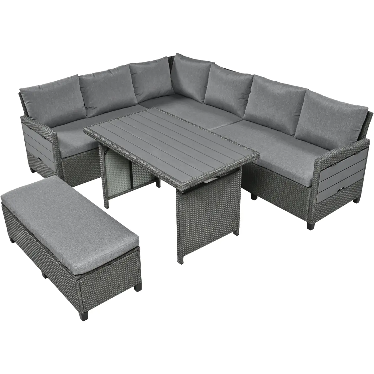 Aobtke[5-Piece Sectional Sofa Set] With 2 loveseats with side tables, 1 corner sofa, 1 long bench and 1 dining table, this 5pcs rattan sofa set can comfortably seat 7 people