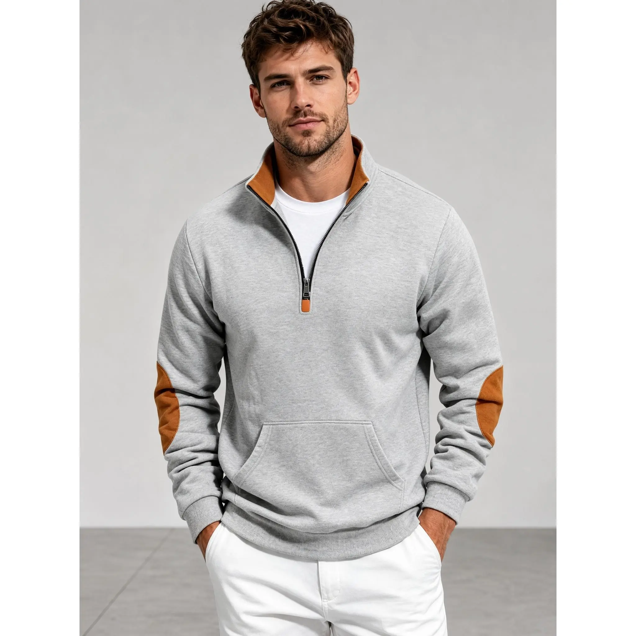Men’s Autumn/Winter Fleece-Lined Hoodie with Colour-Blocked Patches and Zip – Oversized Casual Stand-Up Collar Hoodie for Men Menswear Sweatshirts