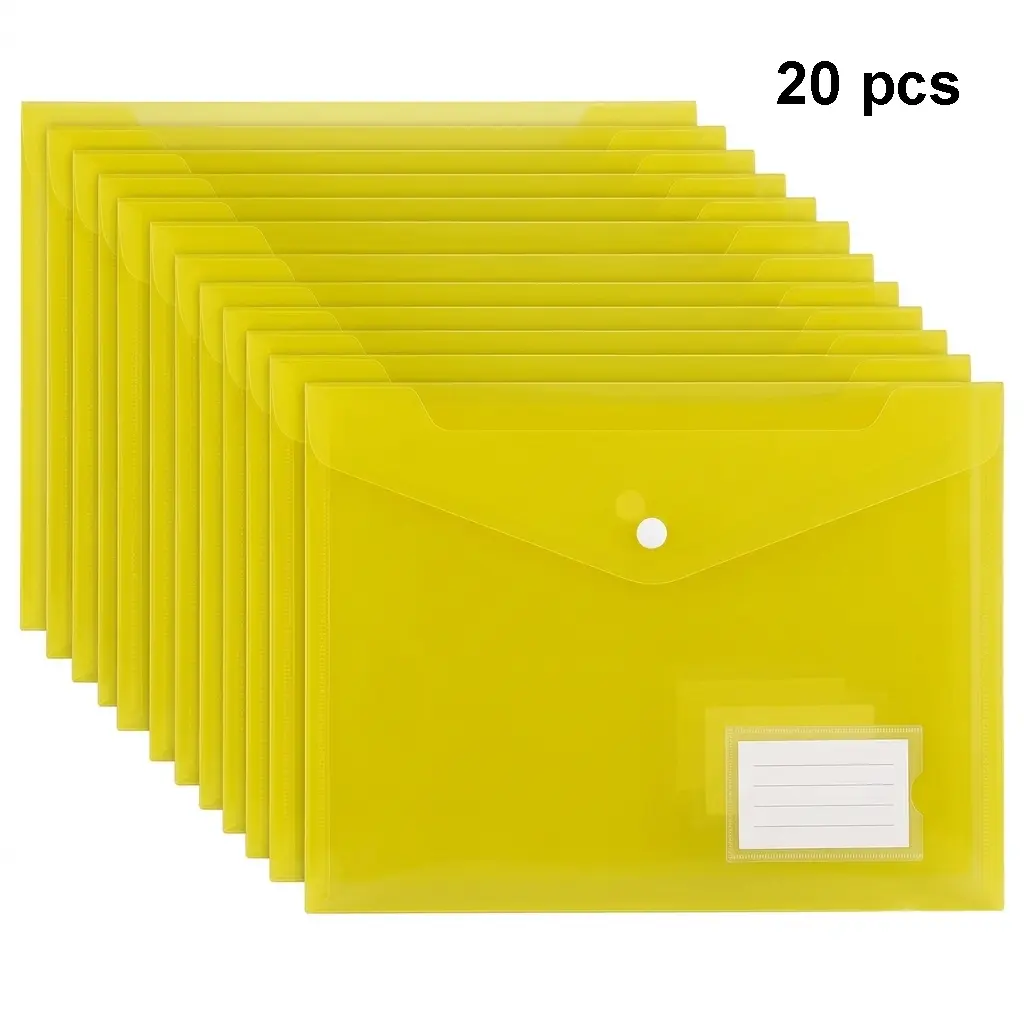 A4 File Folders, Plastic Envelope, File Pop-up Folder, Folder with Button Closure, for Home, Travel, School, Office, Stationery, Paper Filing, Yellow, Pack of 20