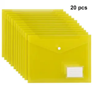 A4 File Folders, Plastic Envelope, File Pop-up Folder, Folder with Button Closure, for Home, Travel, School, Office, Stationery, Paper Filing, Yellow, Pack of 20