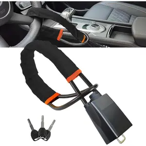 Universal Car Anti-Theft Lock, Steering Wheel & Seatbelt Dual Lock with 3 Keys, 17" Adjustable