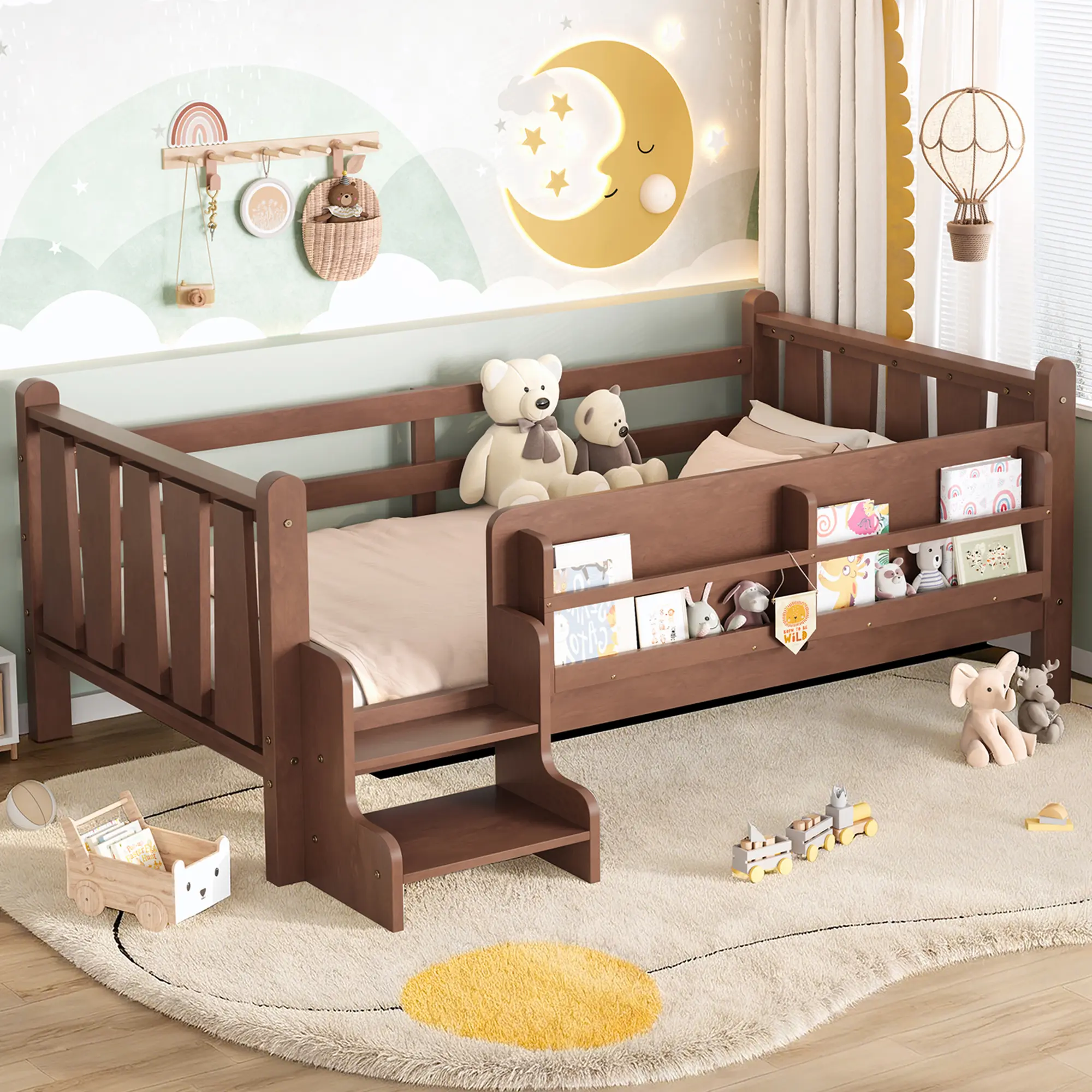 ARCH Twin Size Solid Wood Kids Floor Bed with Storage Bookcases, Cute Stairs and Guardrails, No Box Spring Needed, Natural Montessori Bed for Toddlers, Children's Low Platform Bed Frame for Bedroom, Playroom, Nursery, Bedroom Furniture for Bedroom