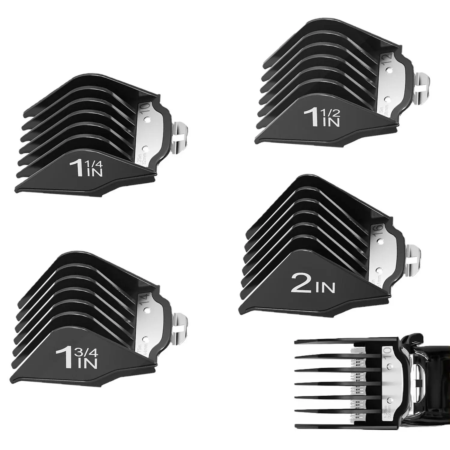4PCS New Version Extra Long Clipper Guards, Metal Clip Professional Hair Clipper Guide Combs, 1.25/1.5/1.75/2 Inch#10/#12/#14/#16 Replacement Trimmer Attachments for Full Size Clippers