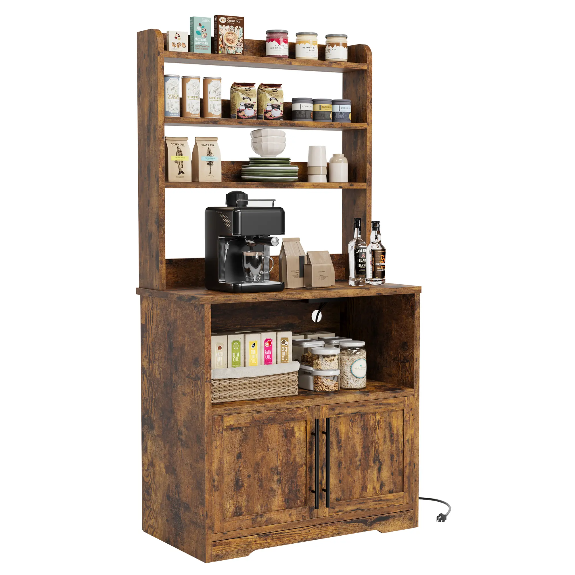 Garvee Bakers Rack with Power Outlet and Storage, Farmhouse Coffee Bar Cabinet with Thickened Counter, Freestanding Microwave Stand Kitchen Cabinet with Door & Shelves for Apartment, Easy Assembly