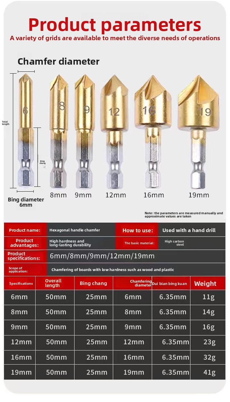 Six-piece woodworking chamfering tool set, five-blade chamfering knife, wood countersink drill, deburring tool, woodworking hole opener set Six-piece woodworking chamfering tool set, five-blade chamfering knife, wood countersink drill, deburring tool, woodworking hole opener set