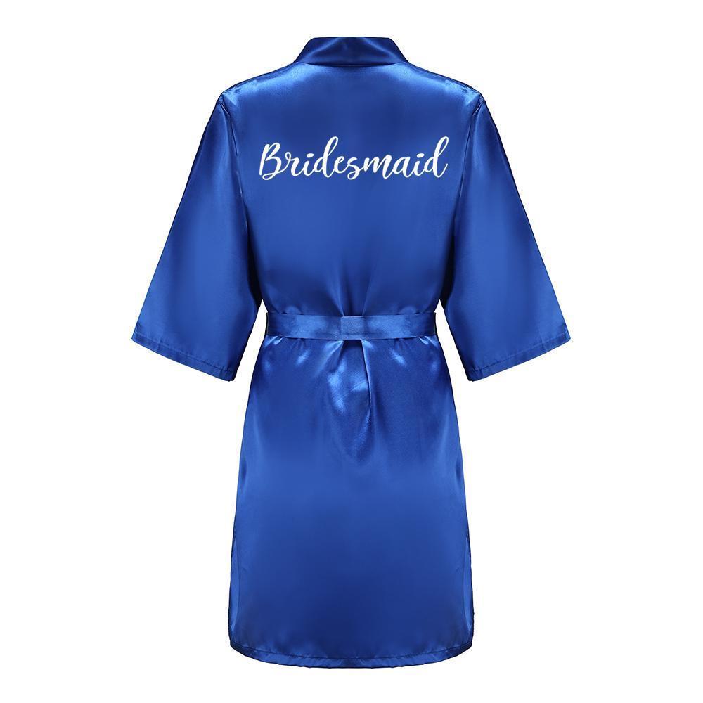 Wedding Party Team Bride Robe With White Letters Kimono Satin Pajamas Bridesmaid Royal Blue Bathrobe