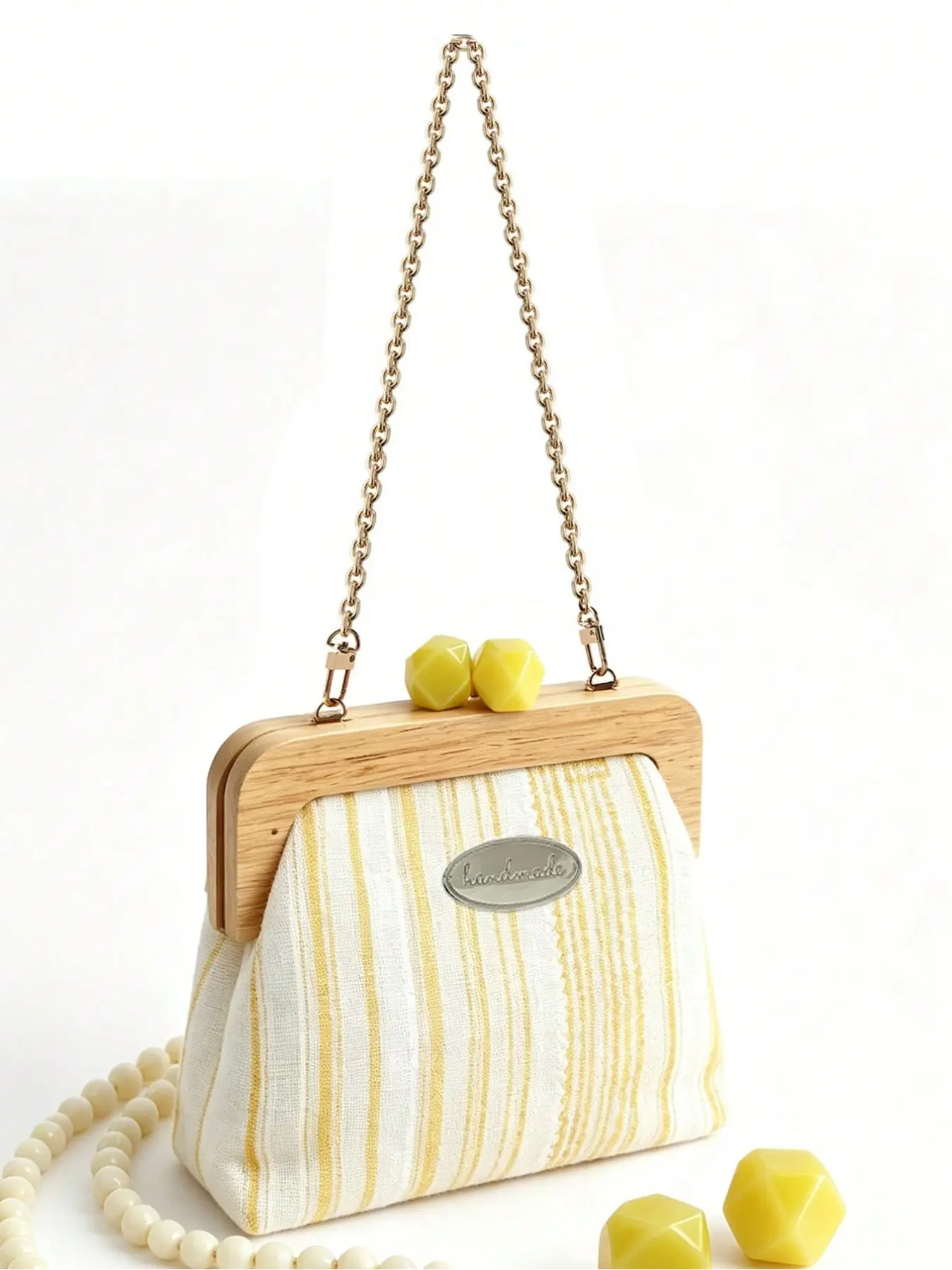 Wooden wrapped handle—comes with a 'kiss lock' clasp, a metal long chain, DIY bag strap, replacement handle for handbags, bag-making material, universal DIY bag accessory, ideal handbag handle replacement