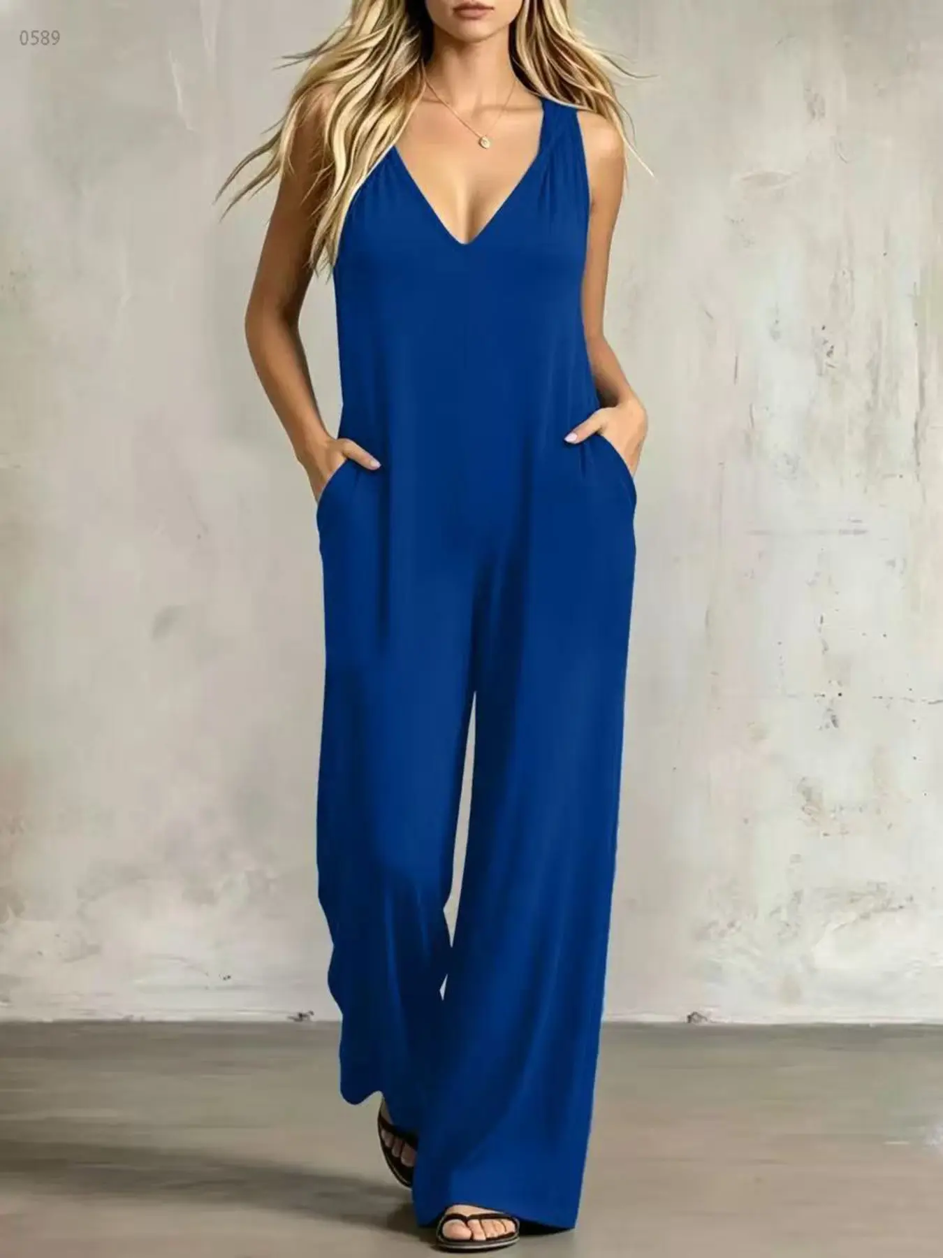 C0589 Minimal Quiet Luxury Soft Life One-Piece Jumpsuit, Sleeveless Deep V Wide Leg Casual Athleisure Loungewear with Side Pockets, Versatile for Daily Life, Beach and Summer Holiday.