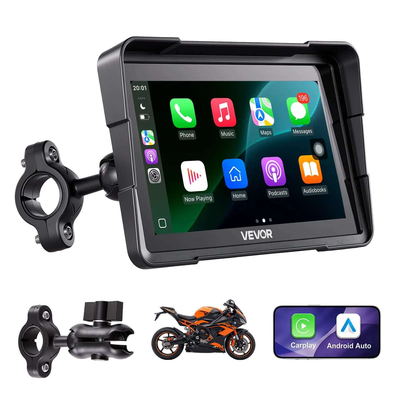 VEVOR 7-in Wireless Motorcycle Carplay System, HD Screen GPS Navigation with Voice Control, Dual BT, Smart Assistant Compatibility, IP67 Water Resistance - Universal Fit for Motorcycles