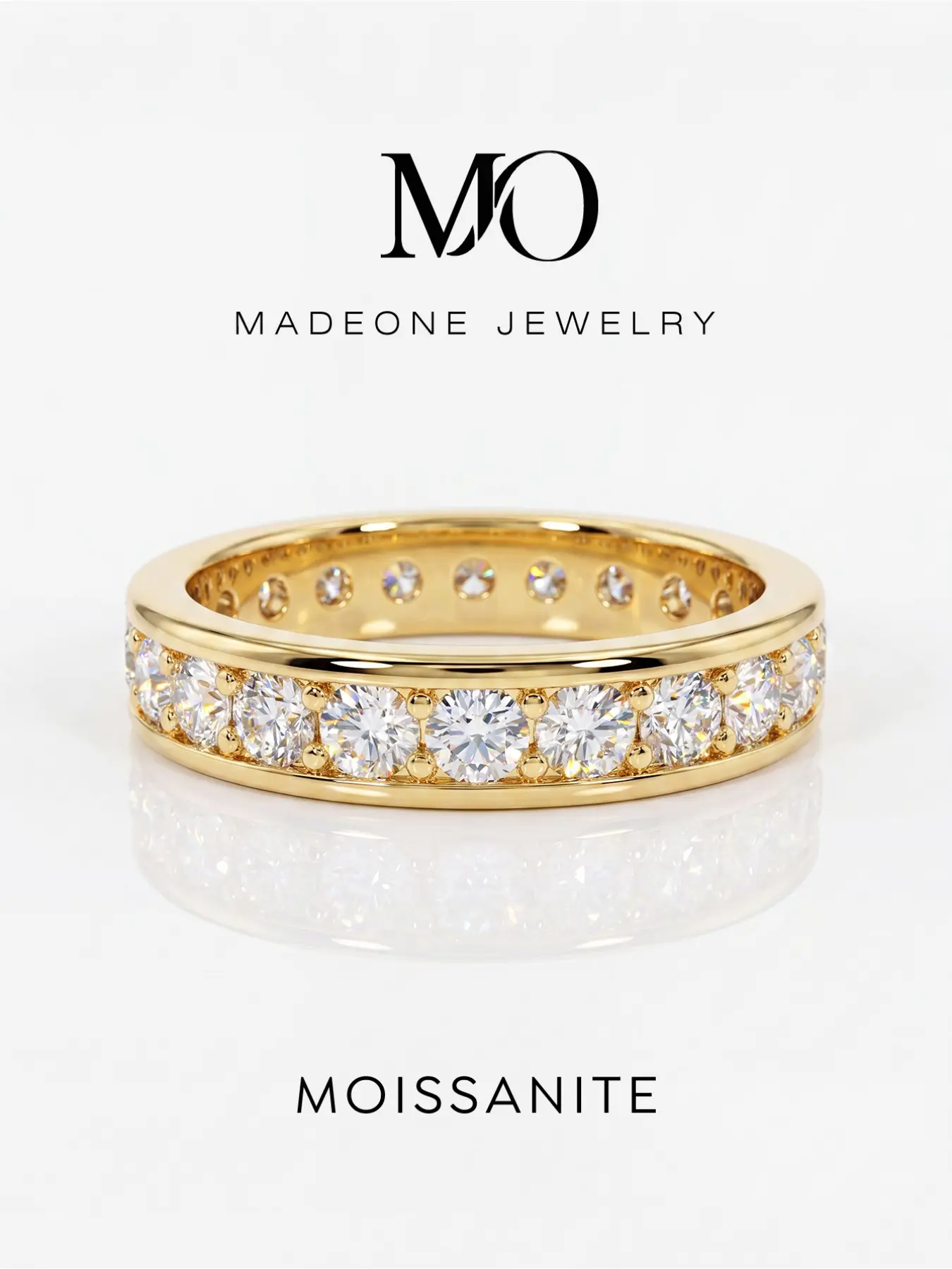 Channel-Set Half Eternity Moissanite Copper Ring for Ladies, Moissanite Rings, Sparkling Round Moissanite Stackable Wedding Band, Simulated Diamond Promise Jewelry, Gold Silver Tone, Daily-Wear Ring, Gift for Engagement & Special Occasions