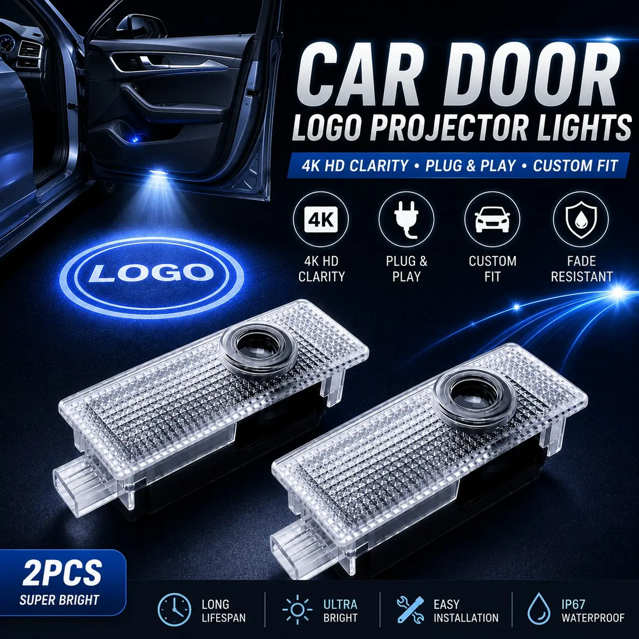 💡🚗 2Pcs 4K HD LED Car Door Projector Welcome Lights Auto Decorative Light | Fit BMW 3/4/5/7 Series, X1/X4/X5, E70/E71/E72/F30 ✅ Clear Bright Projection ✅ Fade Resistant ✅ Plug & Play ✅ Easy Installation