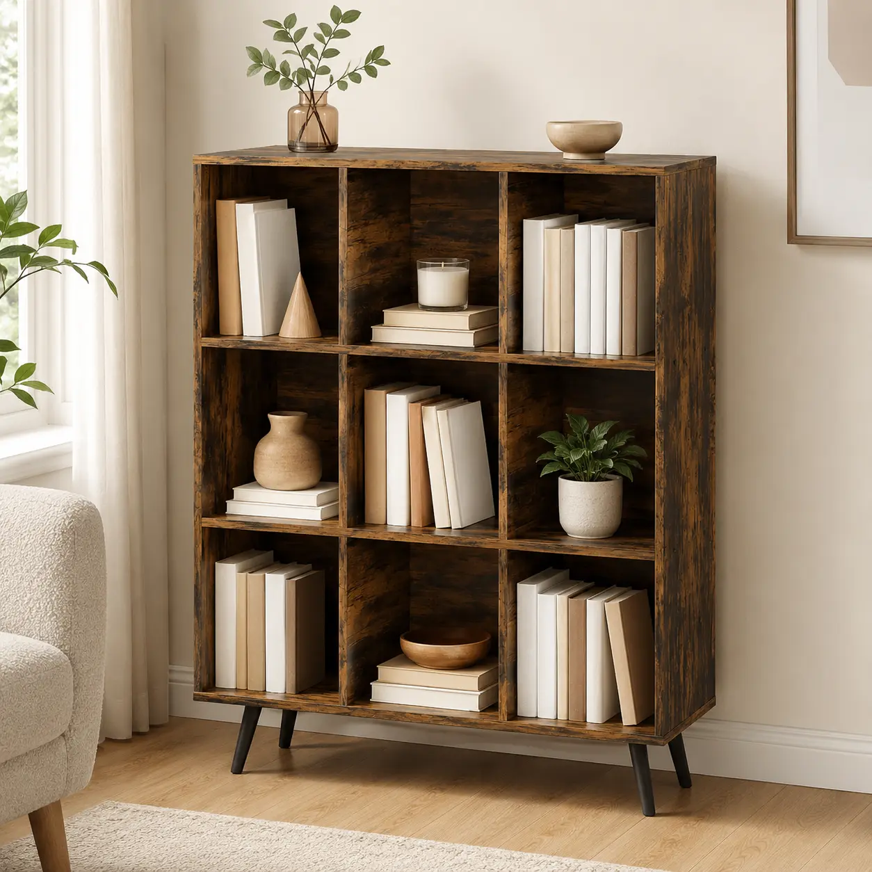 Natural Wood 3-Tier Cube Bookshelf with Legs, Rustic Open Storage Cabinet, Wooden Bookcase Organizer with Cubby Compartments for Books, Decor, Plants & Display, Sturdy Shelf for Living Room Bedroom Office