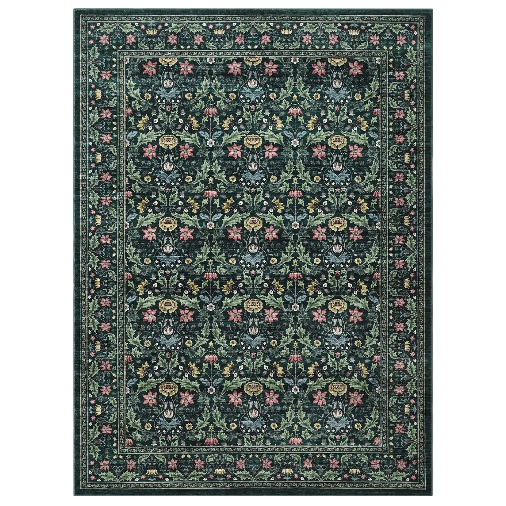 8x10 Washable Floral Area Rug, Botanical Pearl Velvet Carpet with TPR Non Slip Backing, Foldable Rug for Living Room Bedroom Dining Room, Green