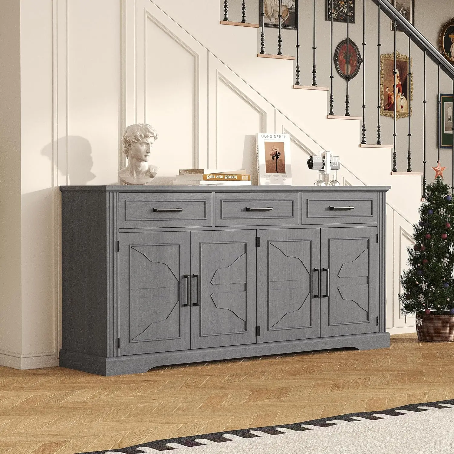 66-Inch Modern Freestanding Flat-Pack Buffet Cabinet - High & Large Capacity Adjustable Dining Room Furniture with 3 Embossed Drawers, 4 Doors, Drawer Organizer for Kitchen, Living Room, Drawer Organizer Dining Room Furniture