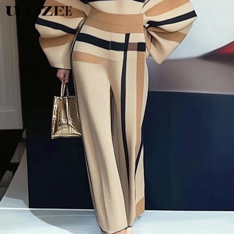 UOOZEE Loose Striped Round-Neck Pullovers Sweater Tops & Loose Wide Leg Striped Casual Pants Set Viscose Nylon Knitting Women's Clothing Suits Long Sleeve(The bottom is a bit small. It is recommended to choose one size larger)